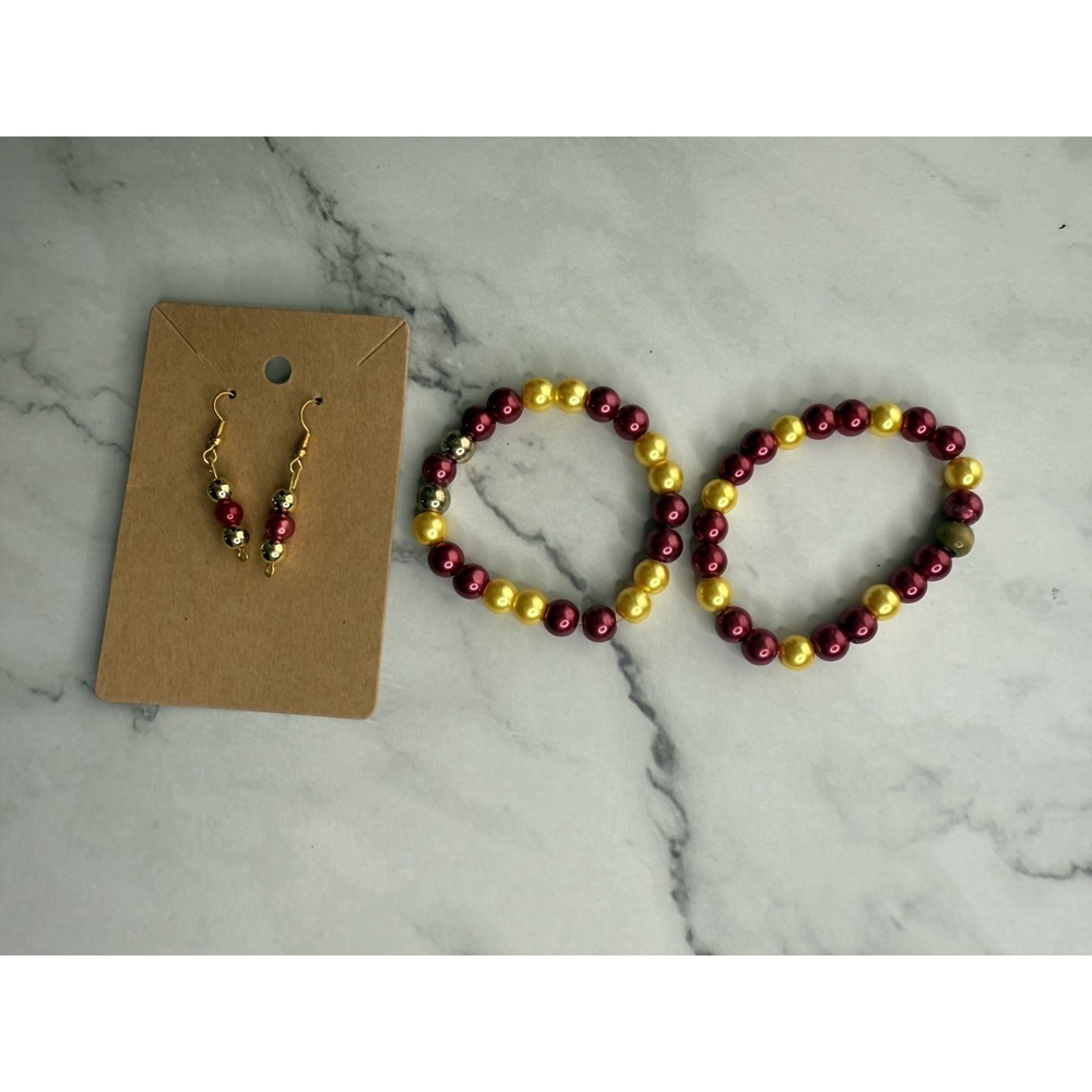 handmade beaded dangle earrings and braceletsā set red, yellow and gold tone
